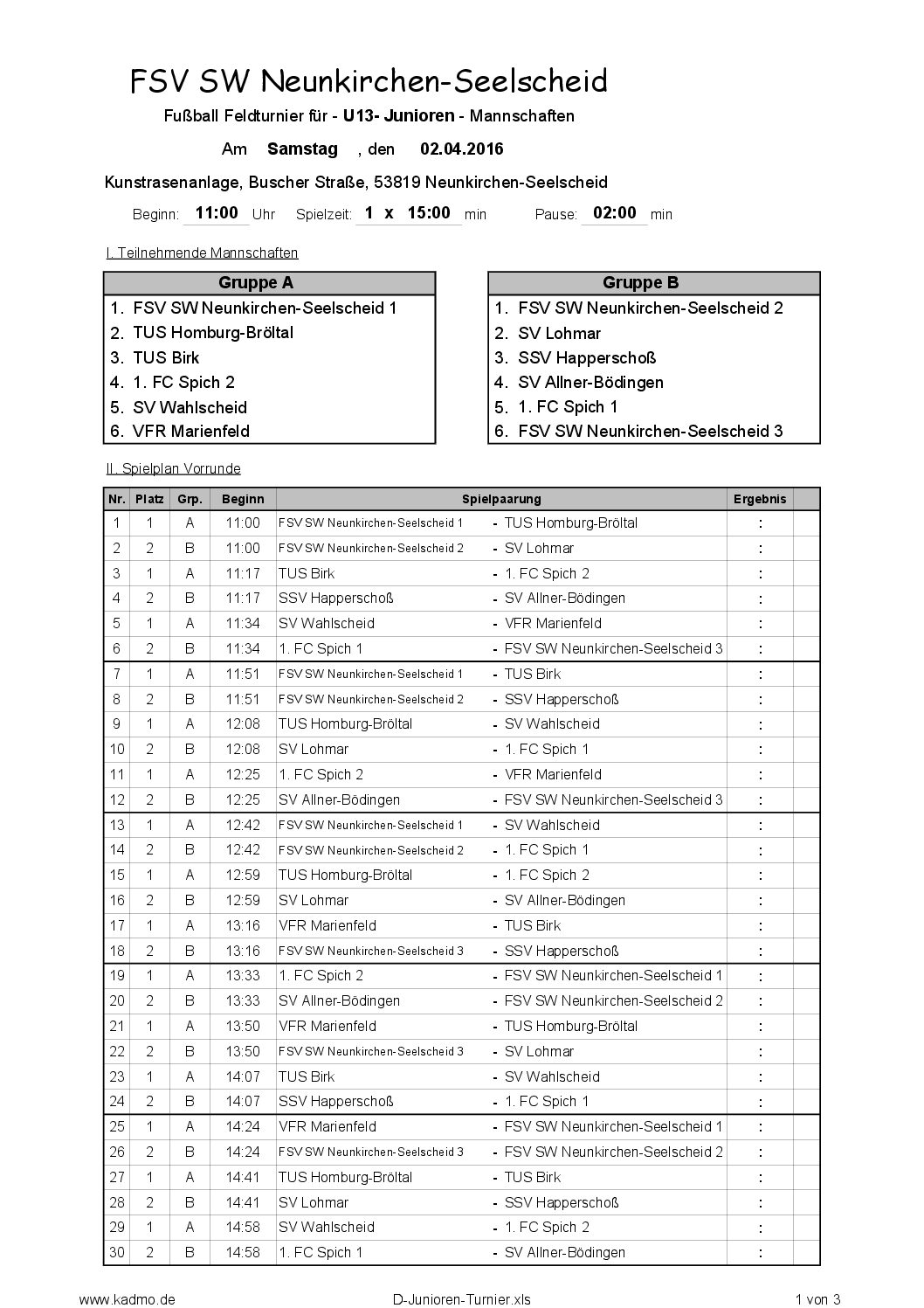 Spielplan D-Jugend-Turnier, 2. April