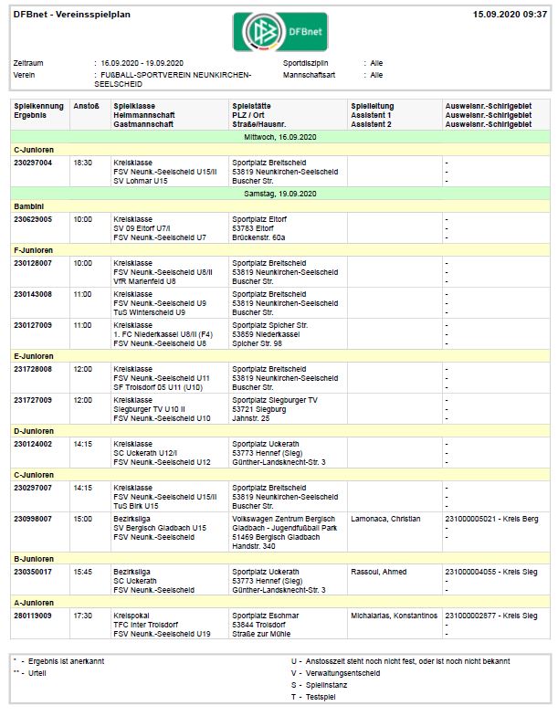 Heimspielplan 16.09. -19.09.2020 der FSV Jugendabteilung