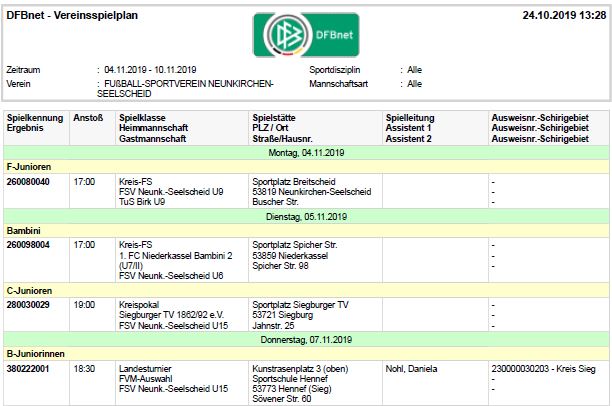 FSV Jugendabteilung Spielplan 04.11.2019 bis 10.11.2019