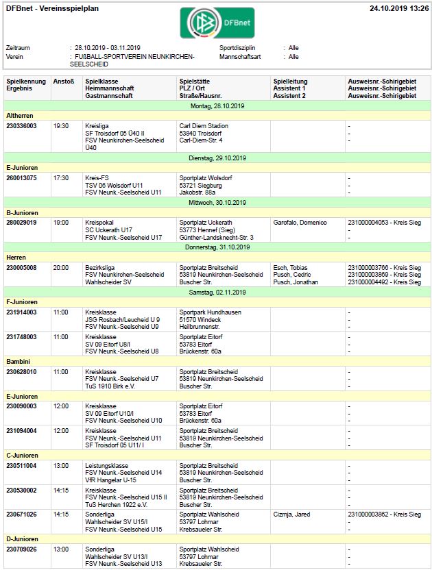 FSV Jugendabteilung Spielplan 28.10.2019 bis 03.11.2019
