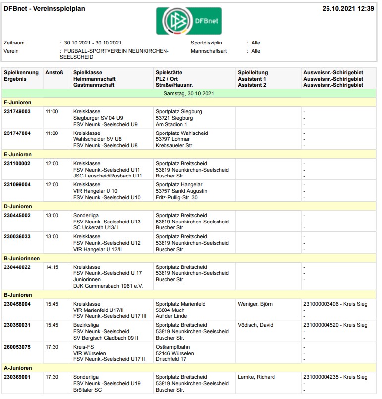 Spielplan der Jugendmannschaften am 30.10.2021