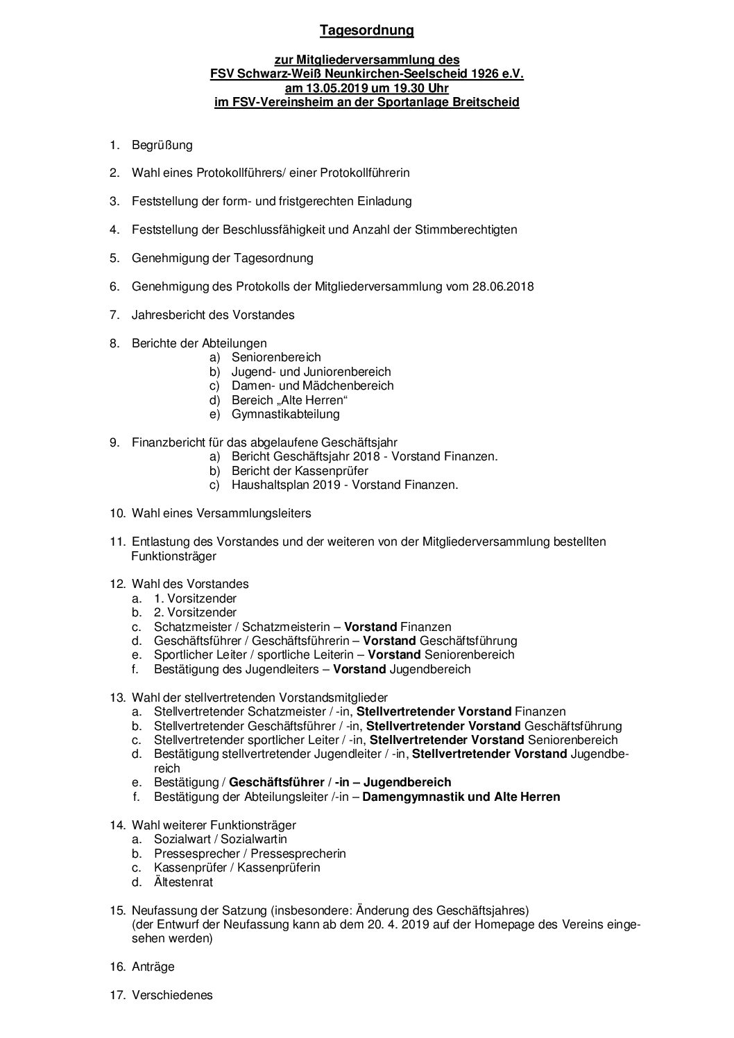 Einladung zur Mitgliederversammlung am 13.05.2019 um 19.30 Uhr im FSV-Vereinsheim